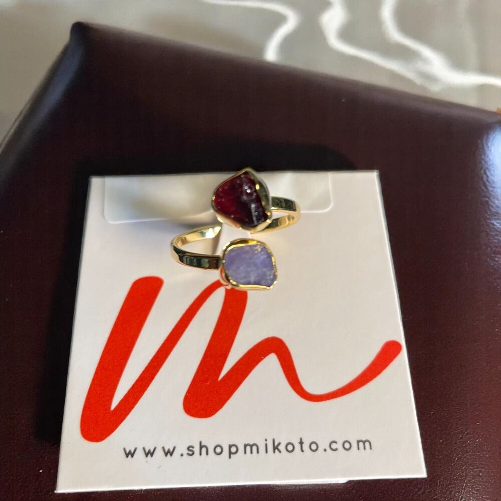 Mikoto Raw Crystal Ring Gold Adjustable Open Wrap Garnet Amethyst‎ Gemstone Gift